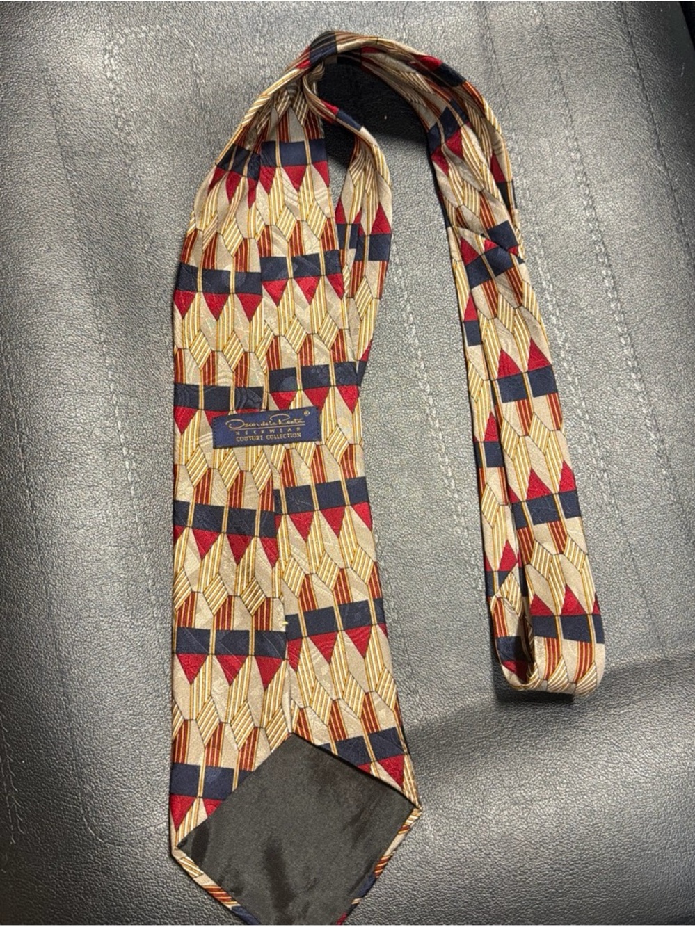 Oscar de la Renta Gold Geometric Silk Tie with Red and Navy Accents